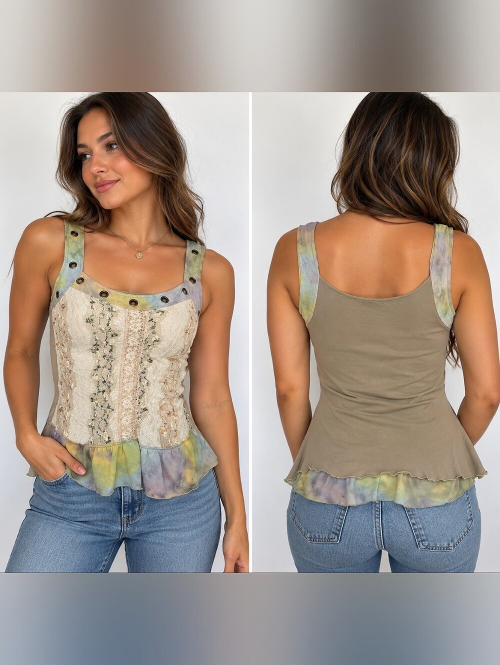 Gypsy Daisy Y2K Fairycore Lace Tie Dye Grommet Tank Top M